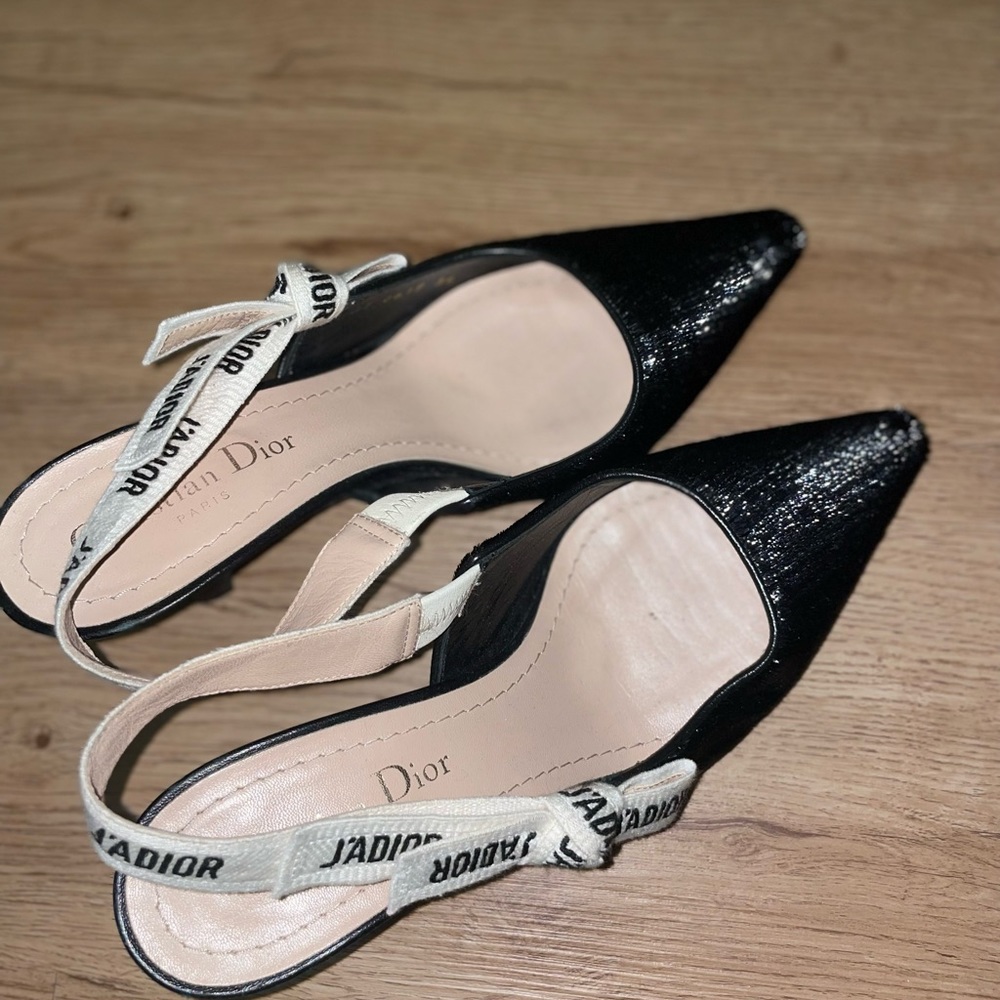 Dior Black Slingback Pointed Toe Heels with J'Adior Ribbon